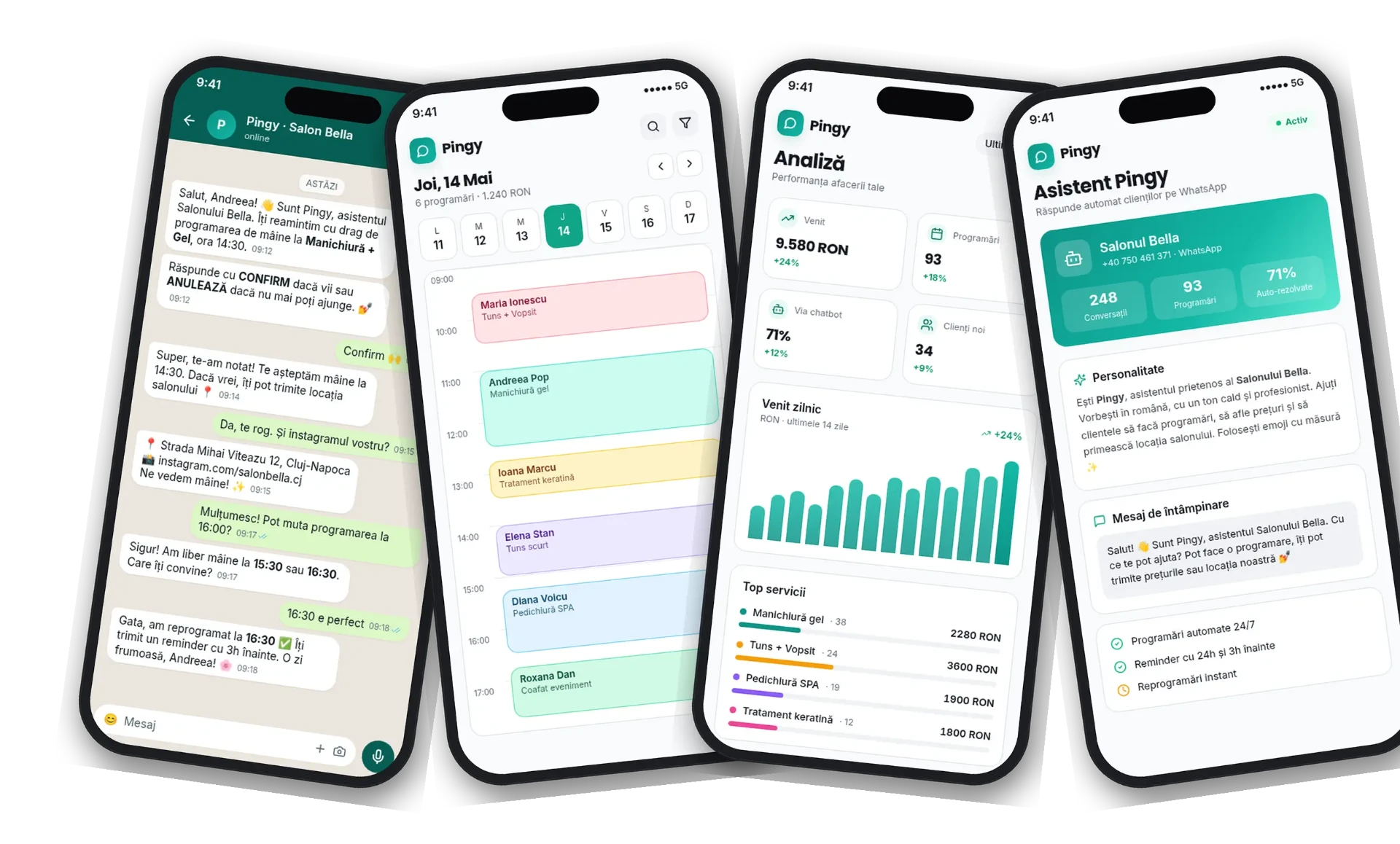Captură Pingy: conversație WhatsApp, calendar programări, analiză și chatbot AI